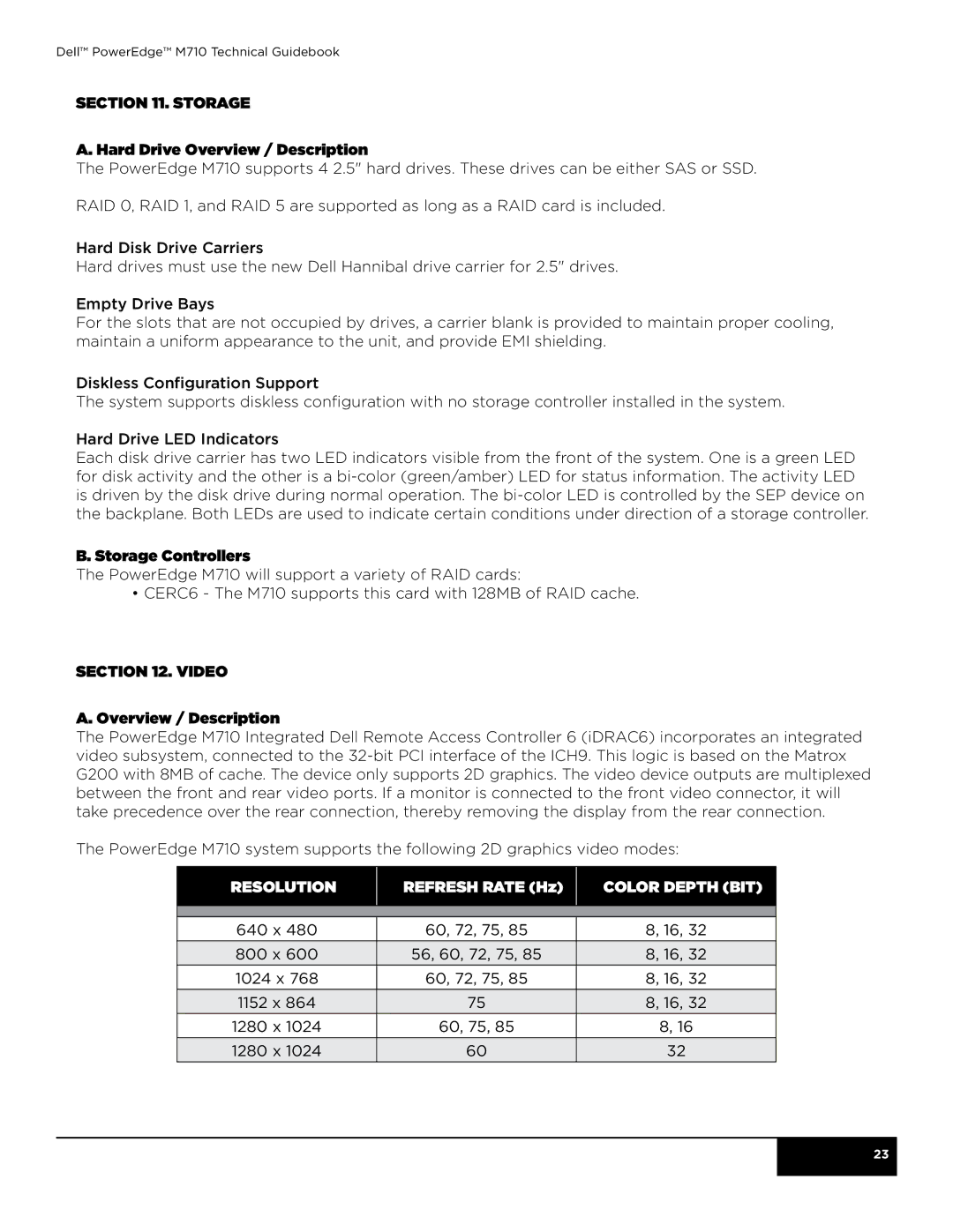 Dell M710 manual Storage Hard Drive Overview / Description, Storage Controllers, Video Overview / Description 