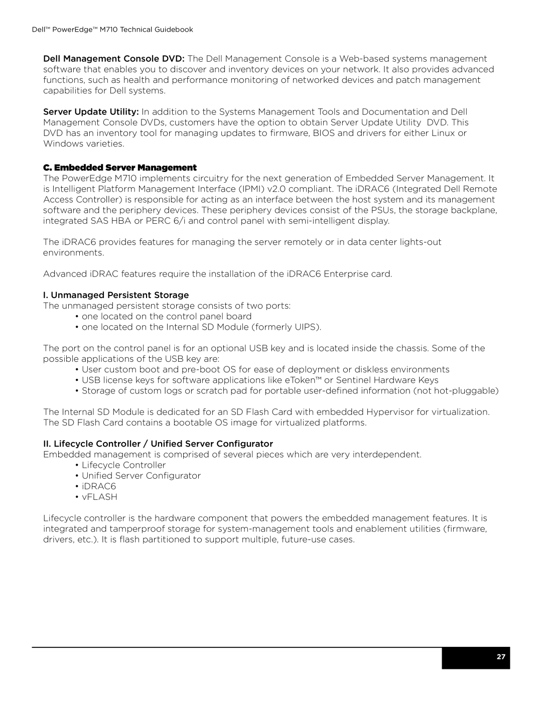 Dell M710 manual Embedded Server Management 