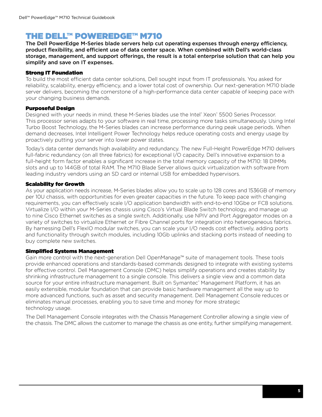 Dell M710 manual Strong IT Foundation, Purposeful Design, Scalability for Growth, Simplified Systems Management 