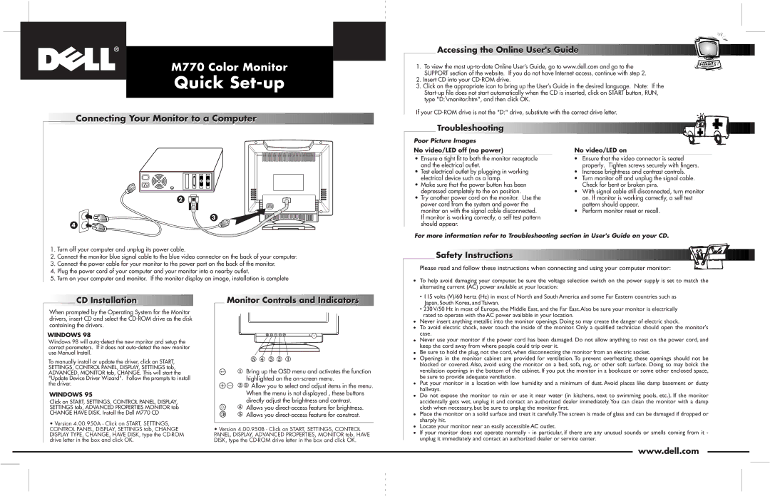 Dell M770 manual Accessing the Online Users Guide, Troubleshooting, Safety Instructions, CD InstallationI t ll ti 