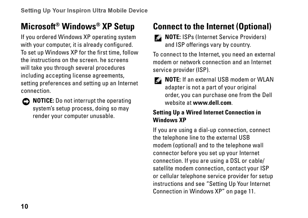 Dell M770H, PP39S setup guide Microsoft Windows XP Setup, Connect to the Internet Optional 