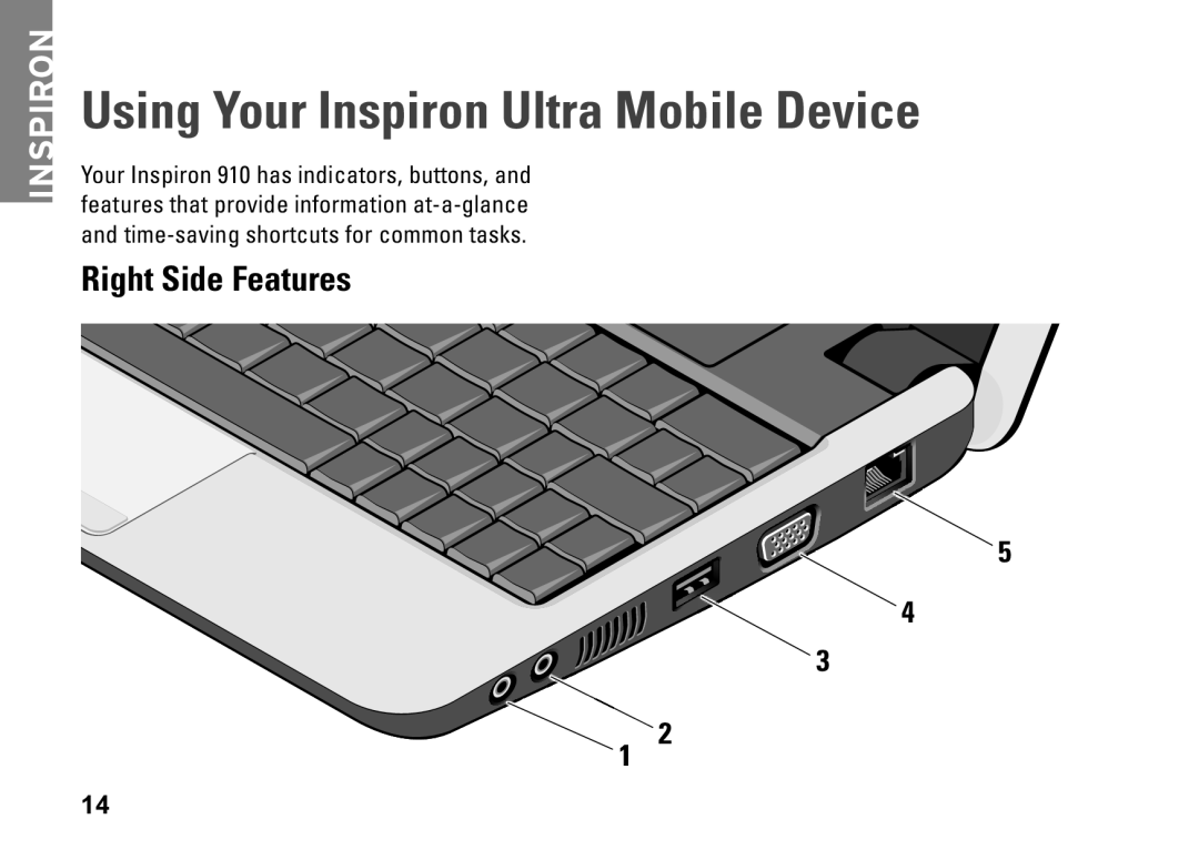 Dell M770H, PP39S setup guide Using Your Inspiron Ultra Mobile Device, Right Side Features 