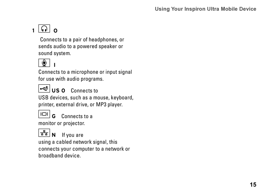 Dell PP39S, M770H setup guide Using Your Inspiron Ultra Mobile Device, Audio Out/ Headphone connector 