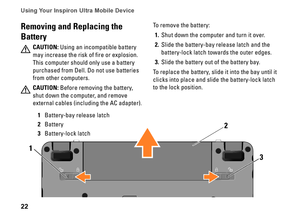 Dell M770H, PP39S setup guide Removing and Replacing the Battery 