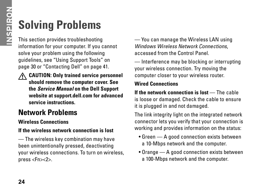 Dell M770H, PP39S setup guide Solving Problems, Network Problems 