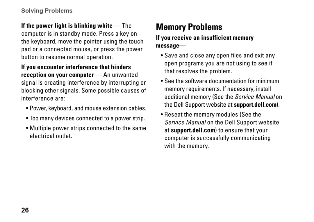 Dell M770H, PP39S setup guide Memory Problems, If you receive an insufficient memory message 