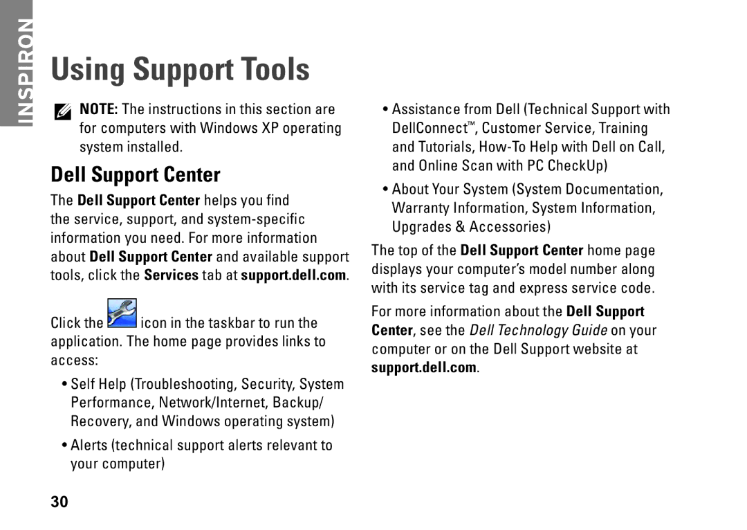 Dell M770H, PP39S setup guide Using Support Tools, Dell Support Center 