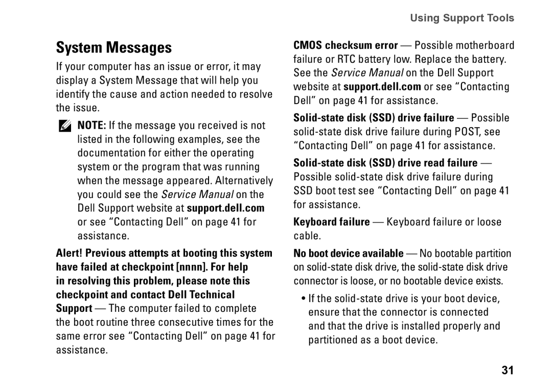 Dell PP39S, M770H setup guide System Messages, Using Support Tools 