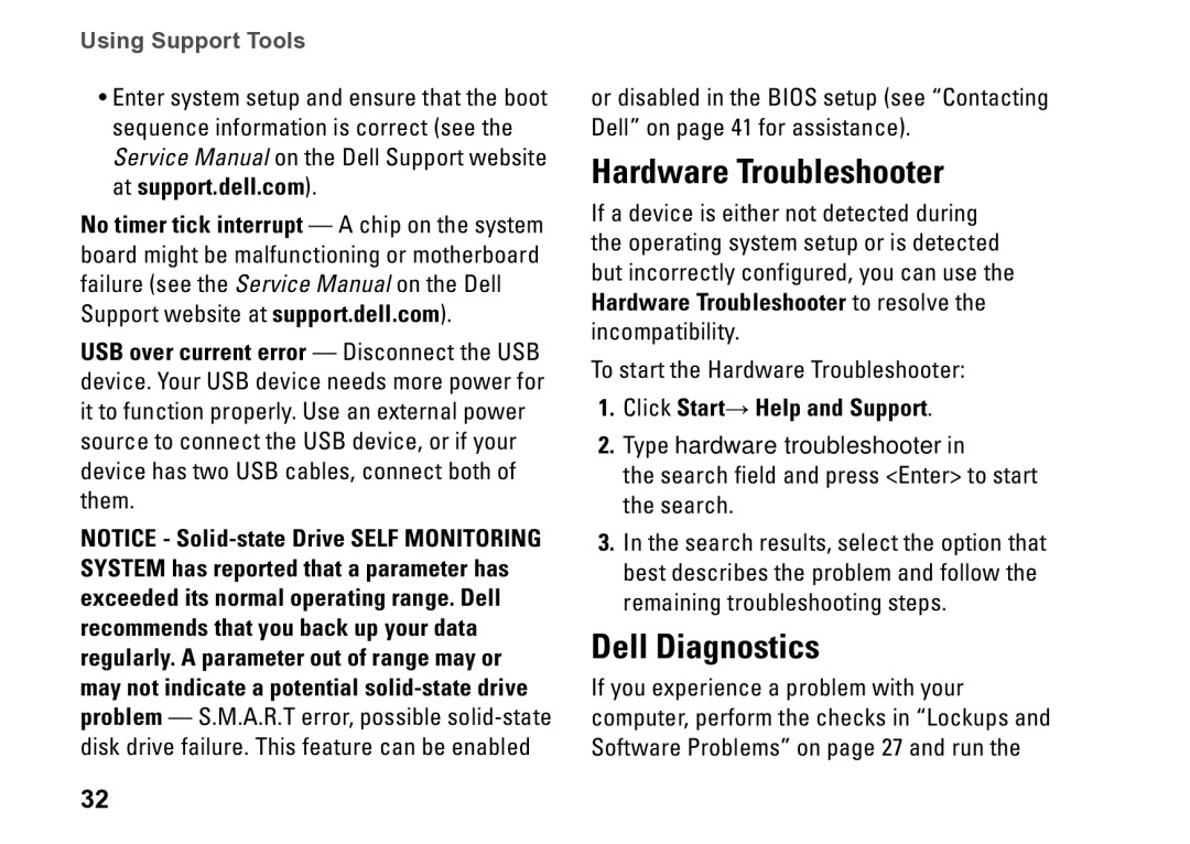 Dell M770H, PP39S setup guide Hardware Troubleshooter, Dell Diagnostics, Click Start→ Help and Support 