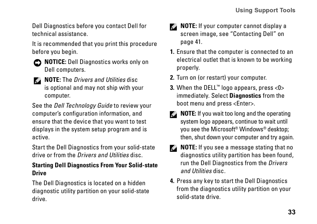 Dell PP39S, M770H setup guide Starting Dell Diagnostics From Your Solid-state Drive 