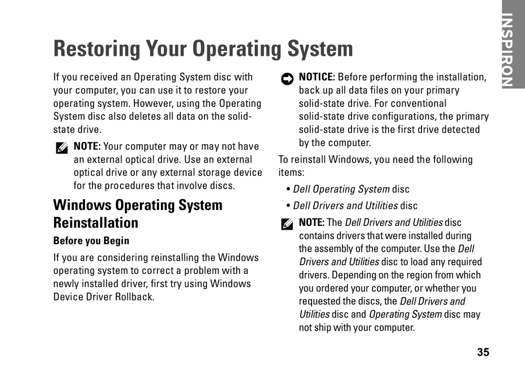 Dell PP39S, M770H setup guide Restoring Your Operating System, Windows Operating System Reinstallation, Before you Begin 