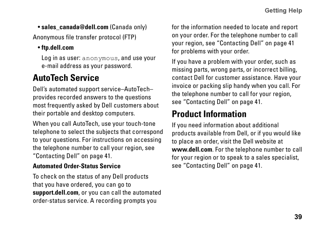 Dell PP39S, M770H setup guide AutoTech Service, Product Information, Ftp.dell.com, Automated Order-Status Service 