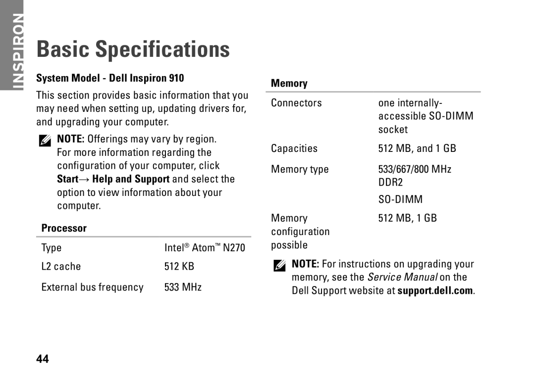 Dell M770H, PP39S setup guide Basic Specifications, System Model Dell Inspiron, Processor, Memory 