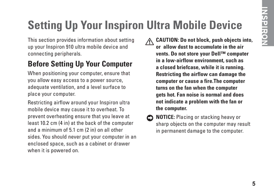 Dell PP39S, M770H setup guide Setting Up Your Inspiron Ultra Mobile Device, Before Setting Up Your Computer 