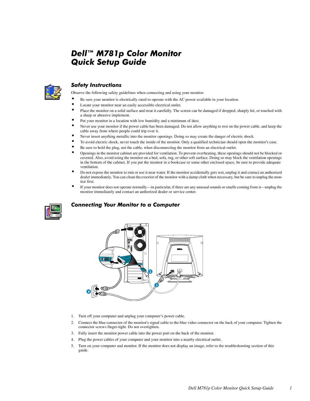 Dell setup guide 6DIHW\,QVWUXFWLRQV, RQQHFWLQJRXU0RQLWRUWRD&RPSXWHU, Dell M781p Color Monitor Quick Setup Guide 