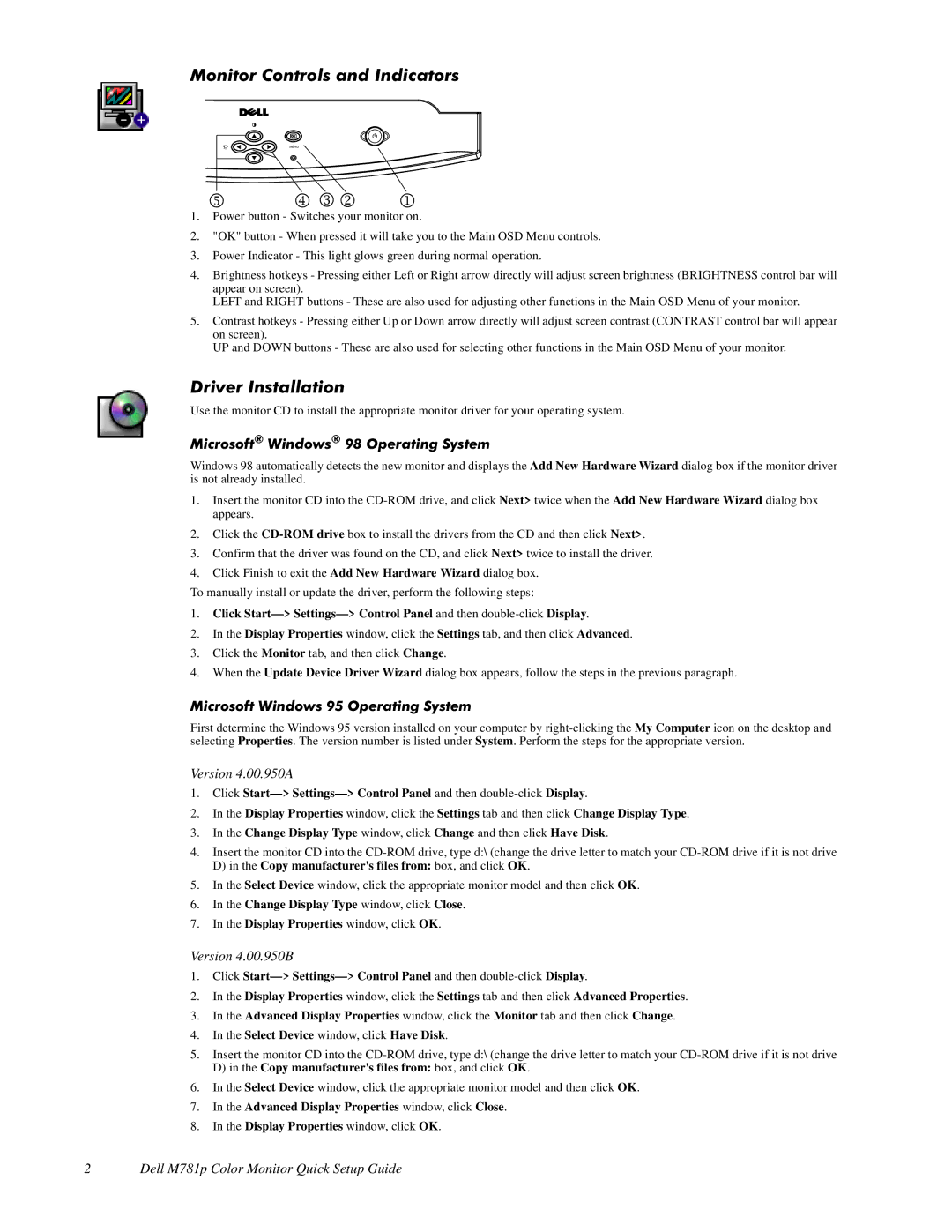 Dell M781p setup guide 0RQLWRU&RQWUROVDQG,QGLFDWRUV, Ulyhu,Qvwdoodwlrq, 0LFURVRIWLQGRZV2SHUDWLQJ6\VWHP, Version 4.00.950A 