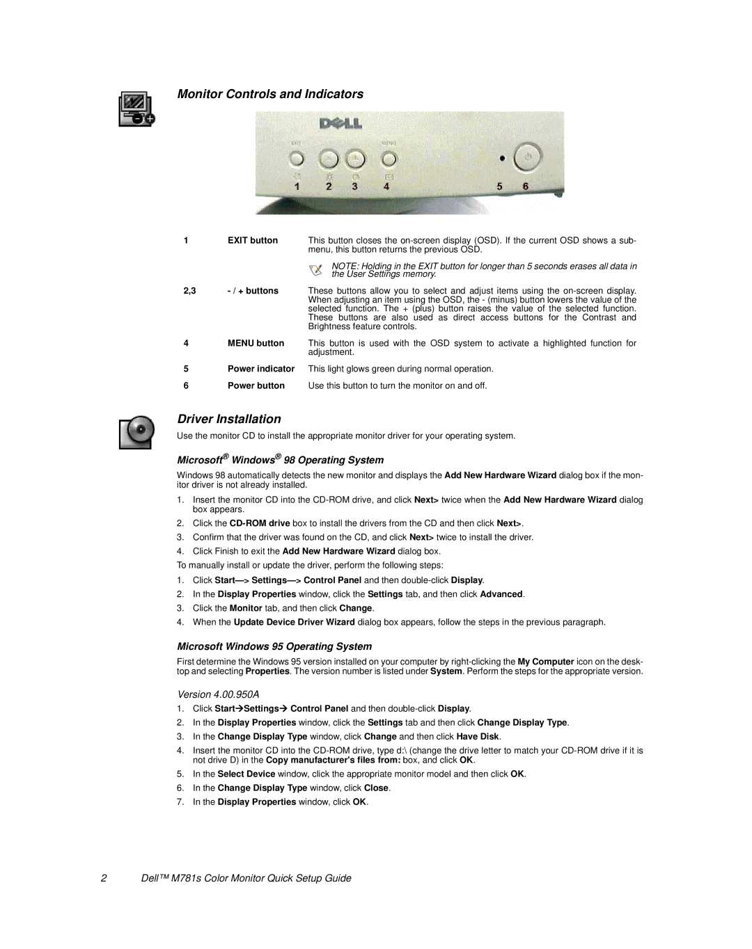 Dell M781s Monitor Controls and Indicators, Driver Installation, Microsoft Windows 98 Operating System, Version 4.00.950A 