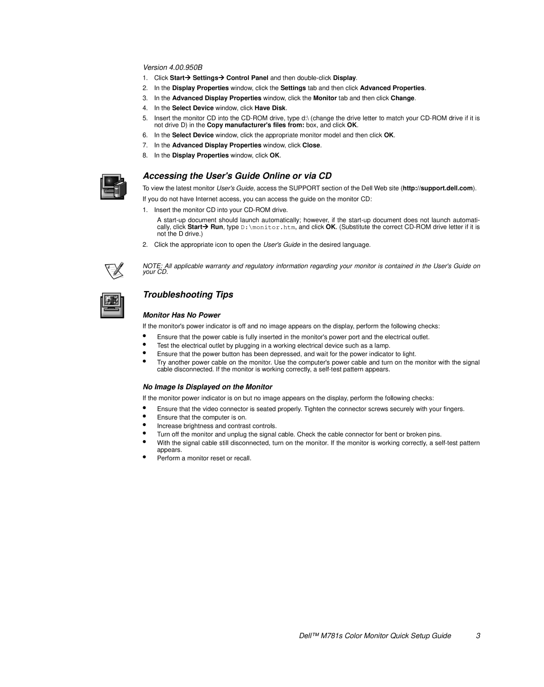 Dell M781s Accessing the Users Guide Online or via CD, Troubleshooting Tips, Version 4.00.950B, Monitor Has No Power 