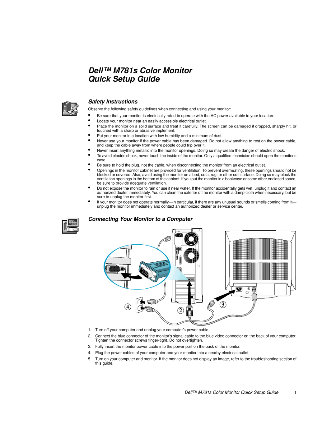 Dell M781s setup guide Safety Instructions, Connecting Your Monitor to a Computer 