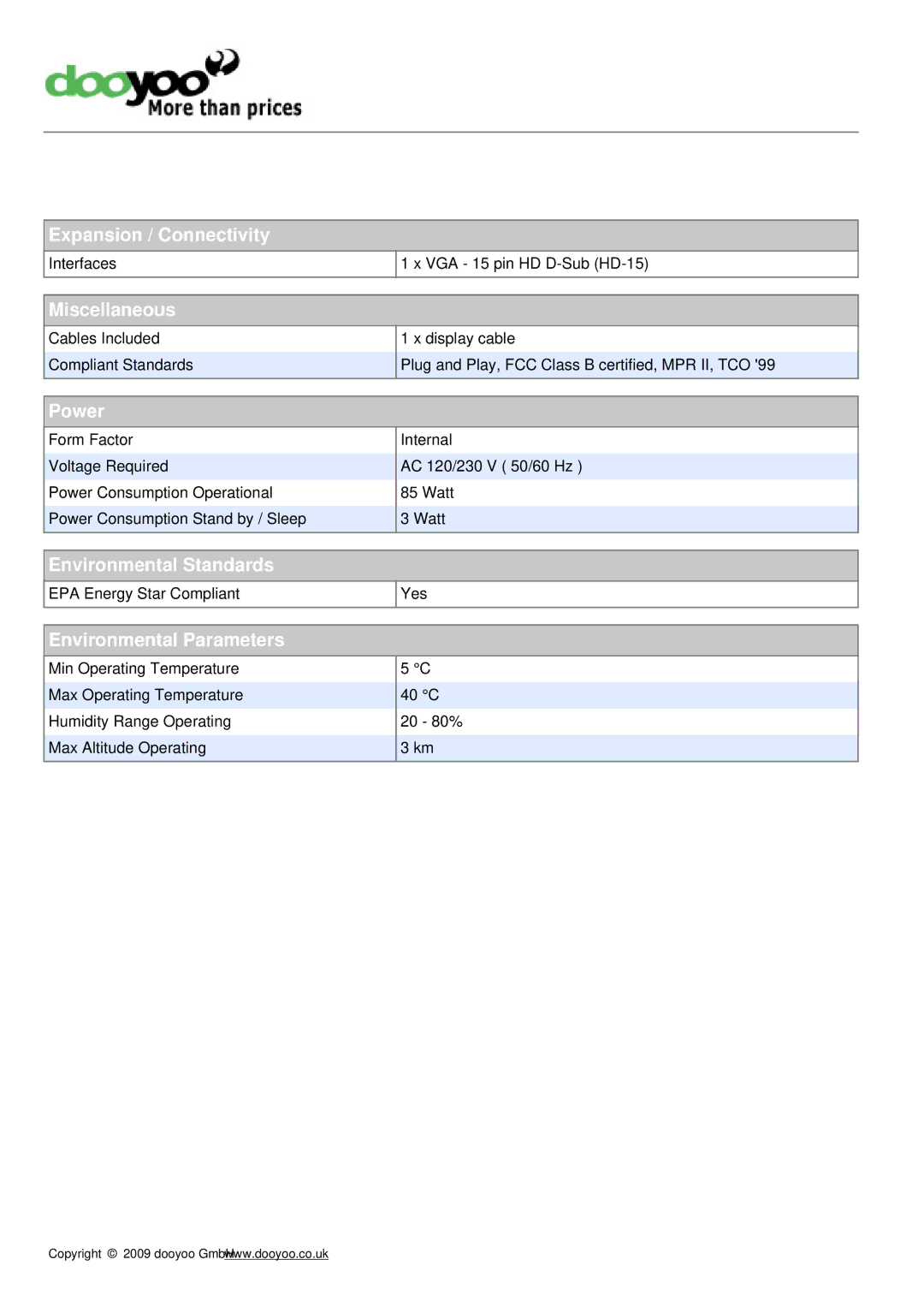 Dell M782 manual Expansion / Connectivity, Miscellaneous, Power, Environmental Standards, Environmental Parameters 