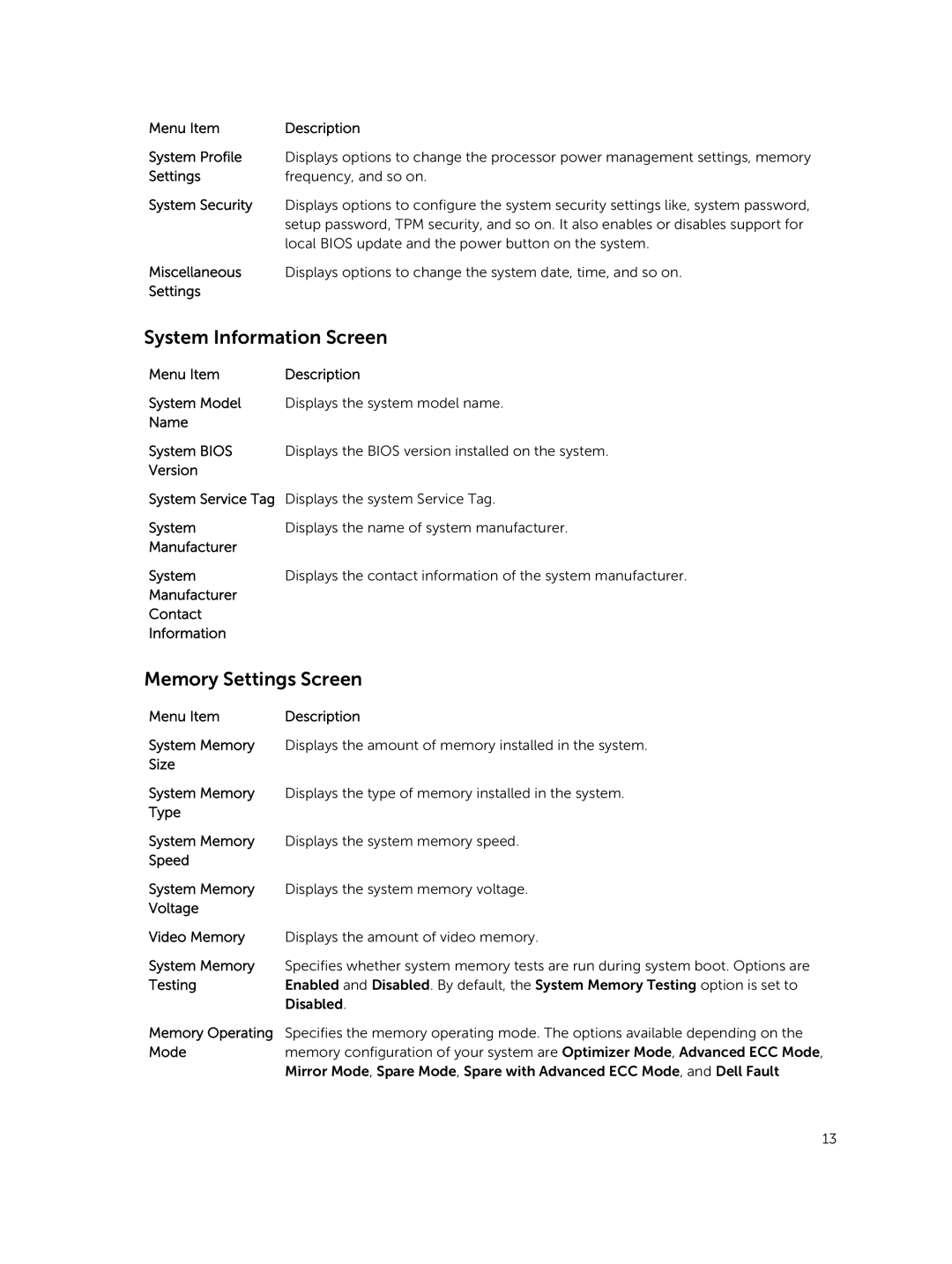 Dell M820 owner manual System Information Screen, Memory Settings Screen 