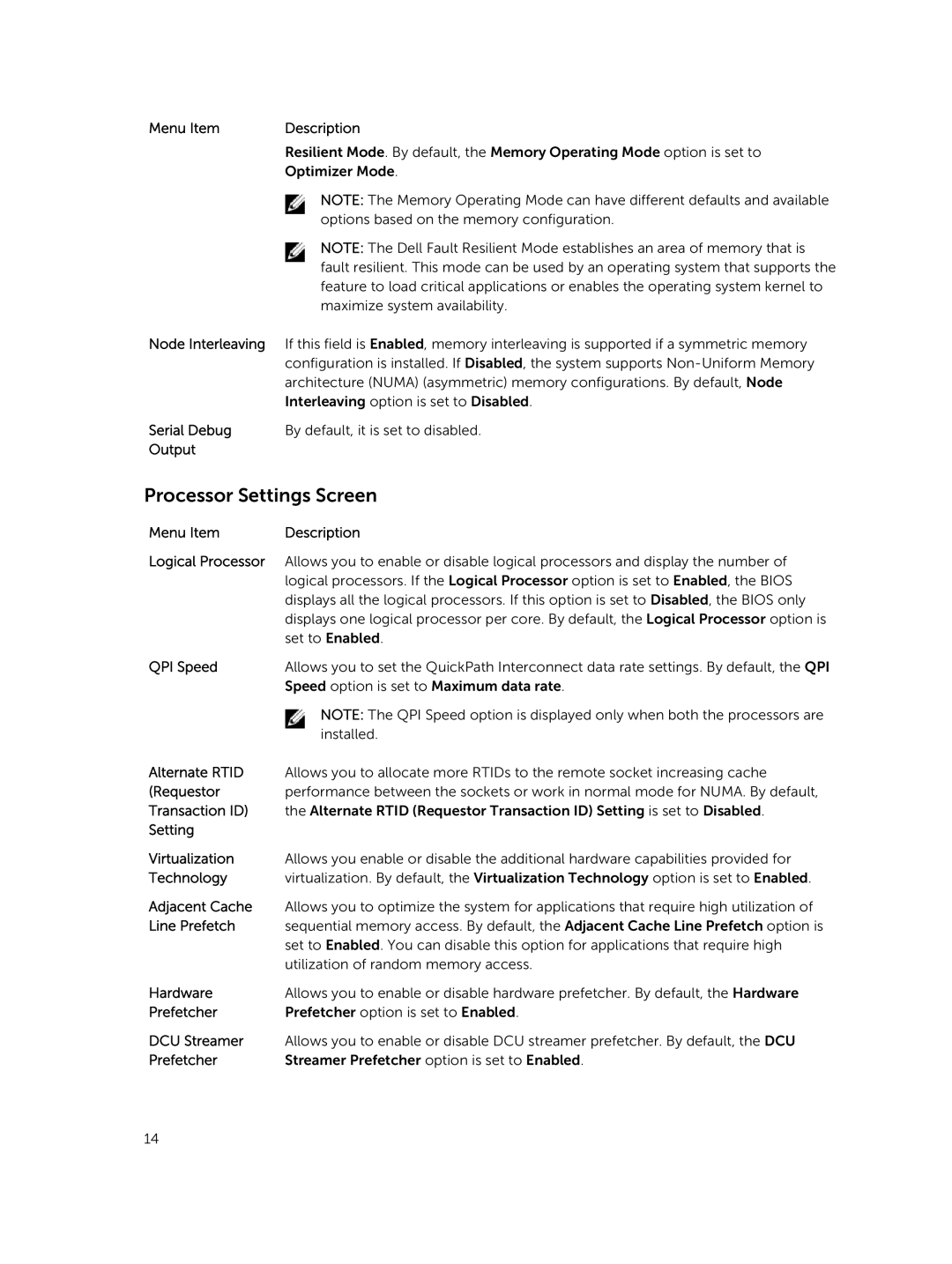 Dell M820 owner manual Processor Settings Screen 