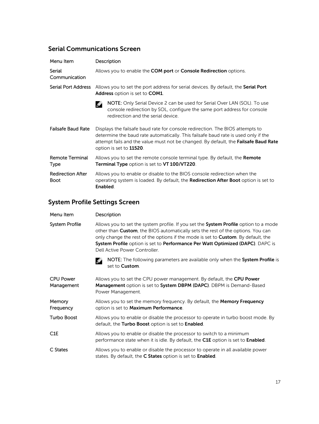 Dell M820 owner manual Serial Communications Screen, System Profile Settings Screen 