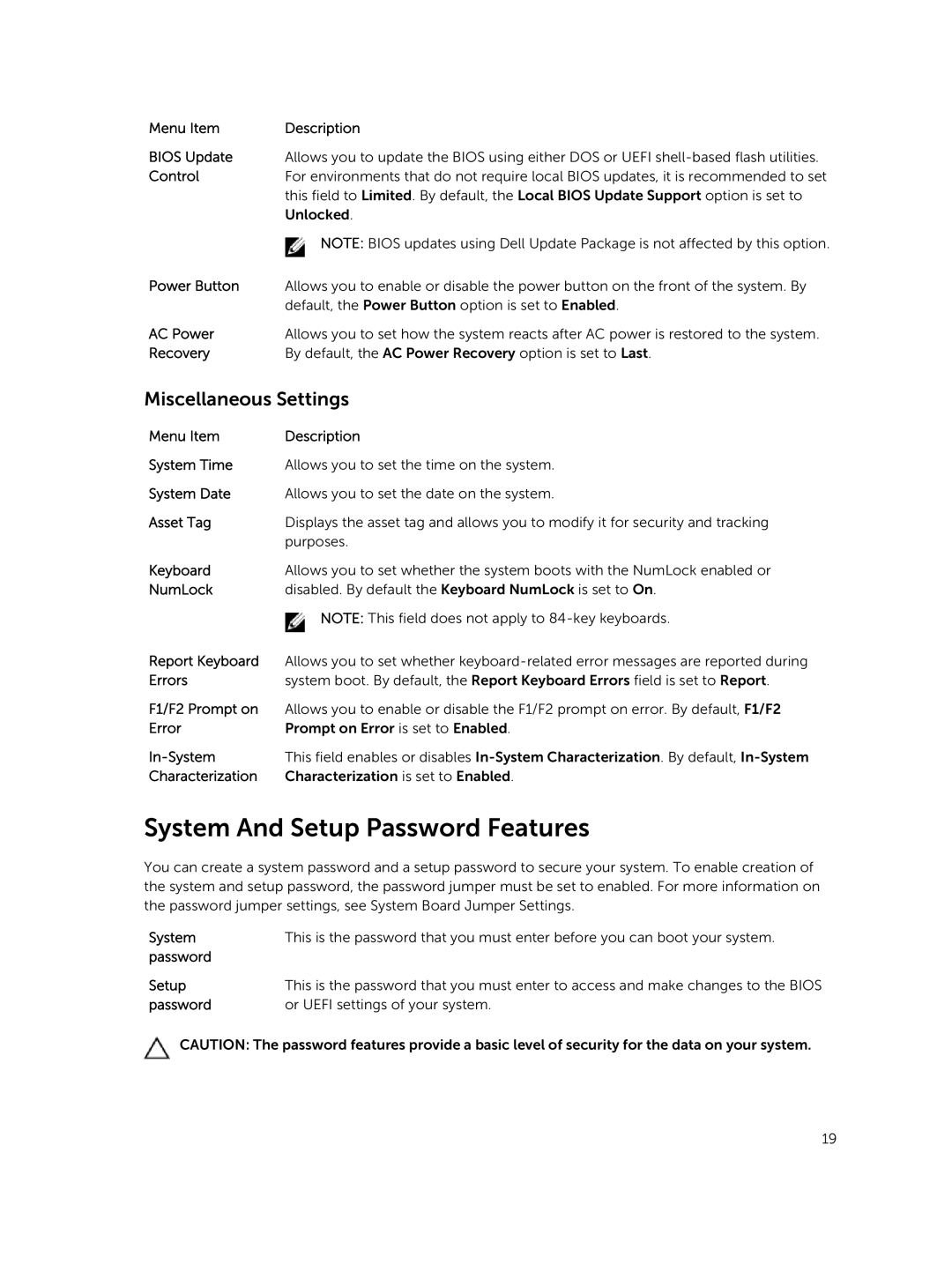 Dell M820 owner manual System And Setup Password Features, Miscellaneous Settings 