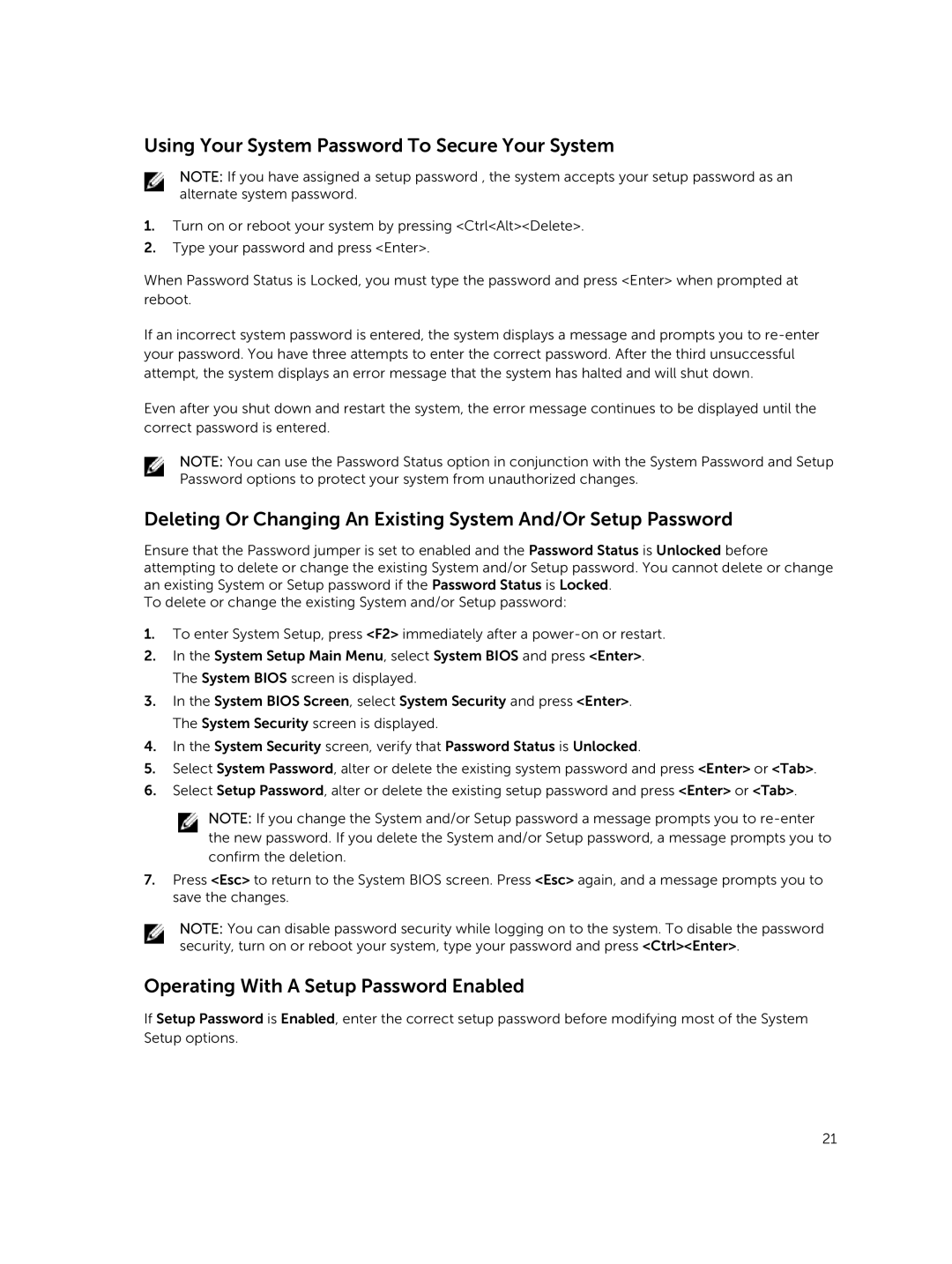 Dell M820 owner manual Using Your System Password To Secure Your System, Operating With a Setup Password Enabled 