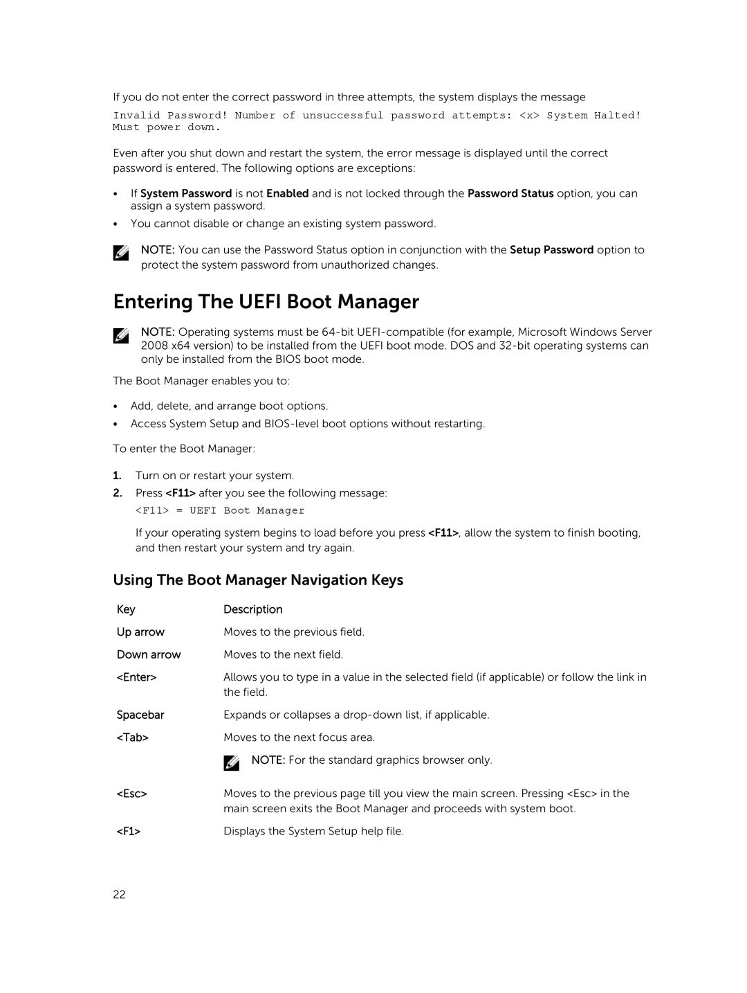 Dell M820 owner manual Entering The Uefi Boot Manager, Using The Boot Manager Navigation Keys 