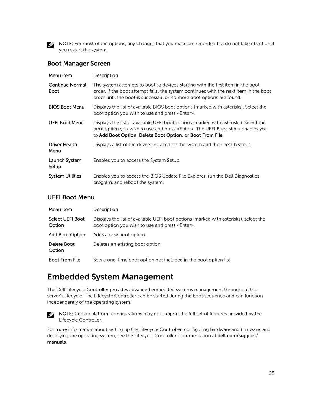 Dell M820 Embedded System Management, Boot Manager Screen, Uefi Boot Menu, Menu Item Description Select Uefi Boot 