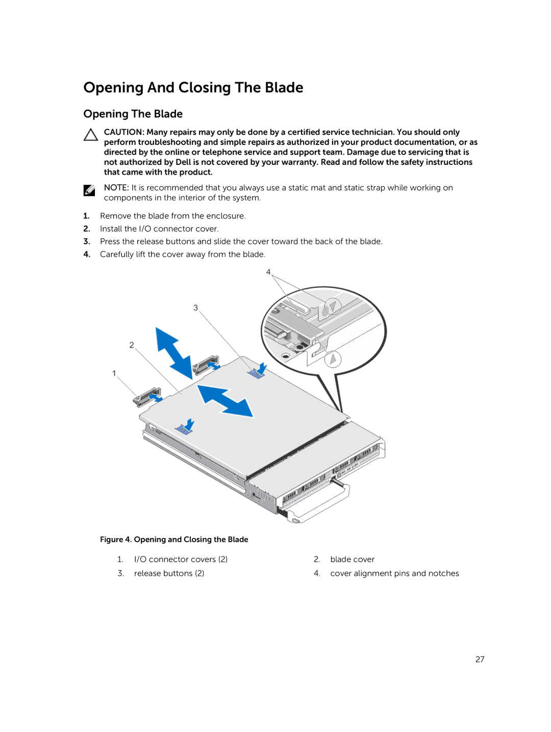 Dell M820 owner manual Opening And Closing The Blade, Opening The Blade 