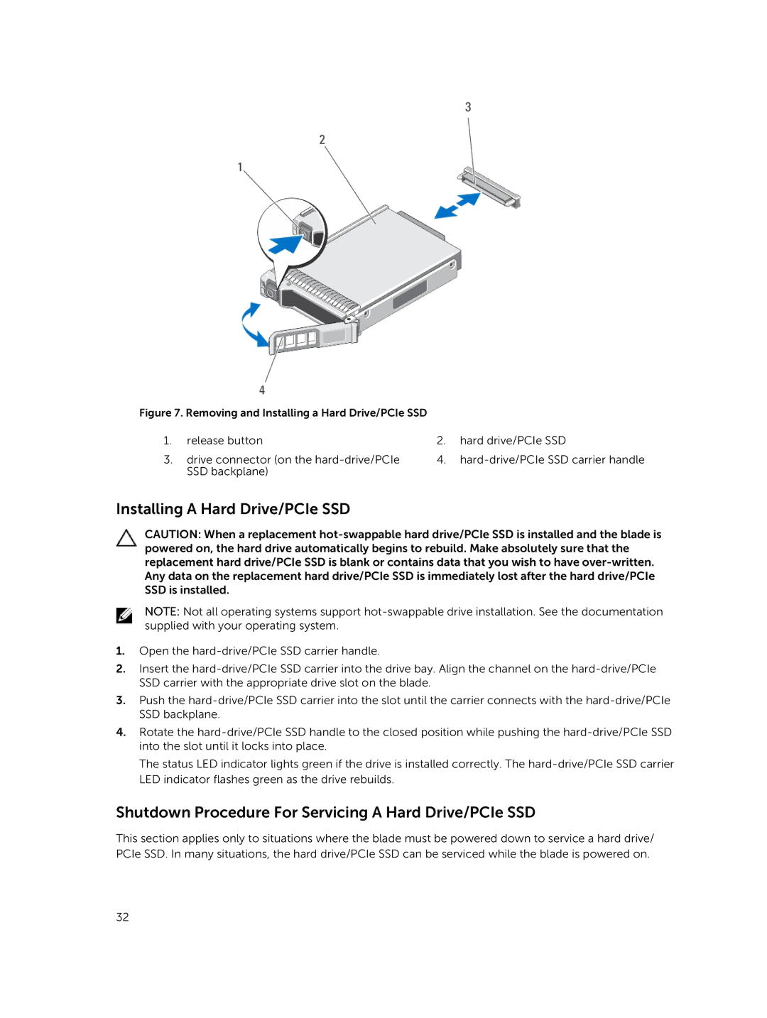 Dell M820 owner manual Installing a Hard Drive/PCIe SSD, Shutdown Procedure For Servicing a Hard Drive/PCIe SSD 