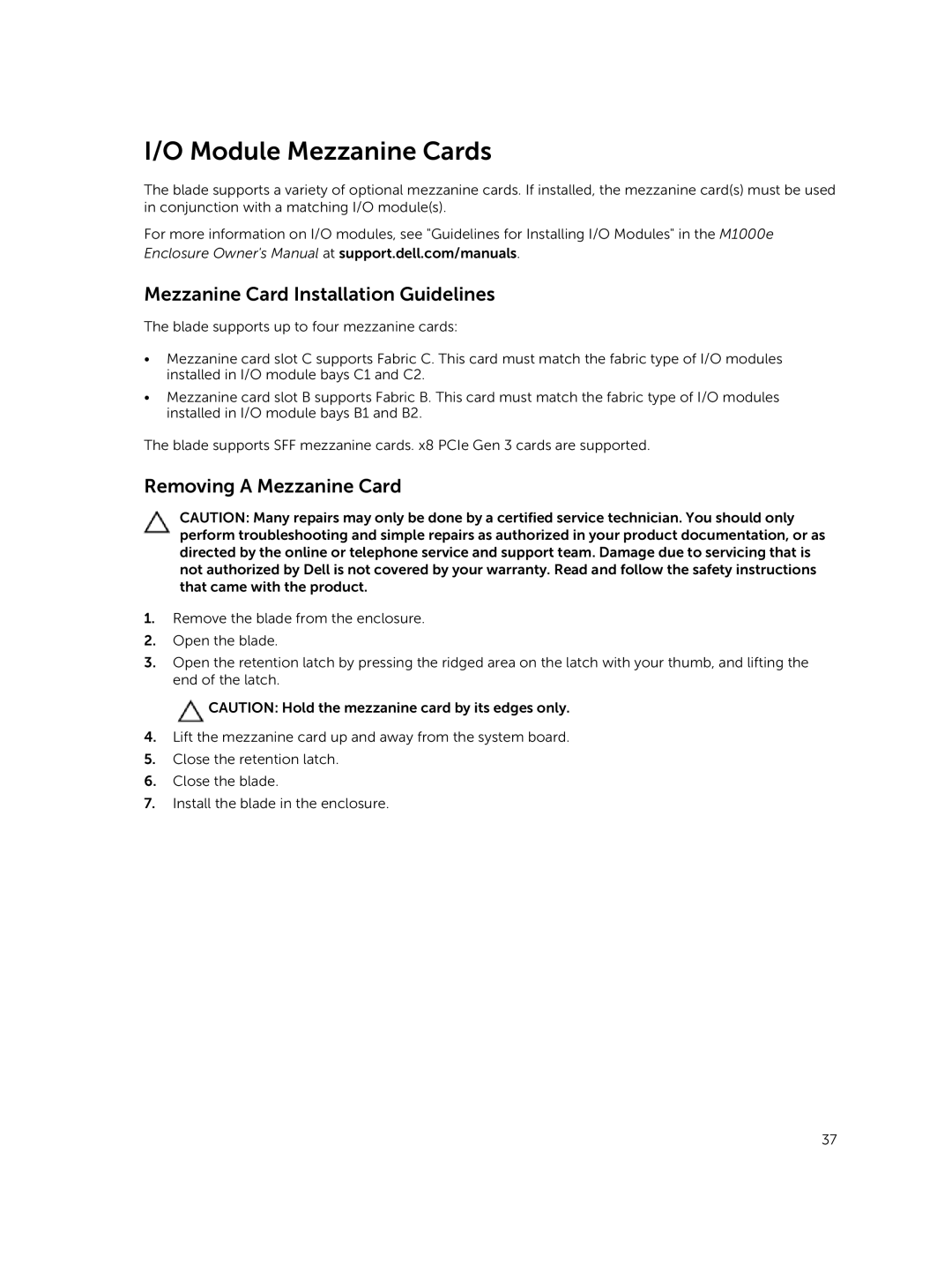 Dell M820 owner manual Module Mezzanine Cards, Mezzanine Card Installation Guidelines, Removing a Mezzanine Card 