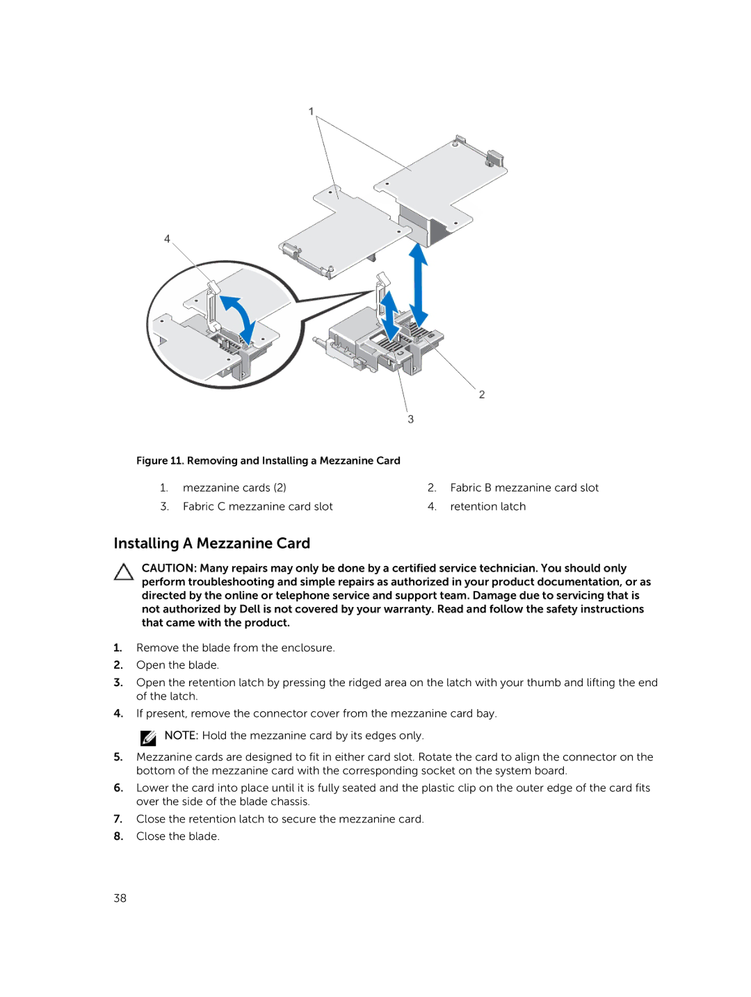 Dell M820 owner manual Removing and Installing a Mezzanine Card 