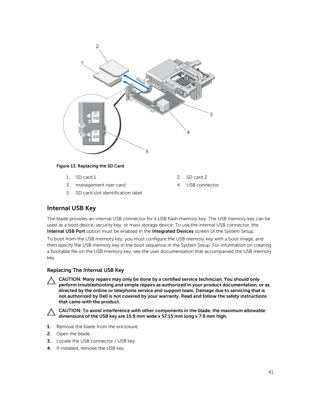 Dell M820 owner manual Replacing The Internal USB Key 