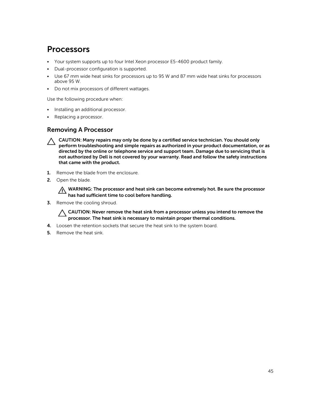 Dell M820 owner manual Processors, Removing a Processor 