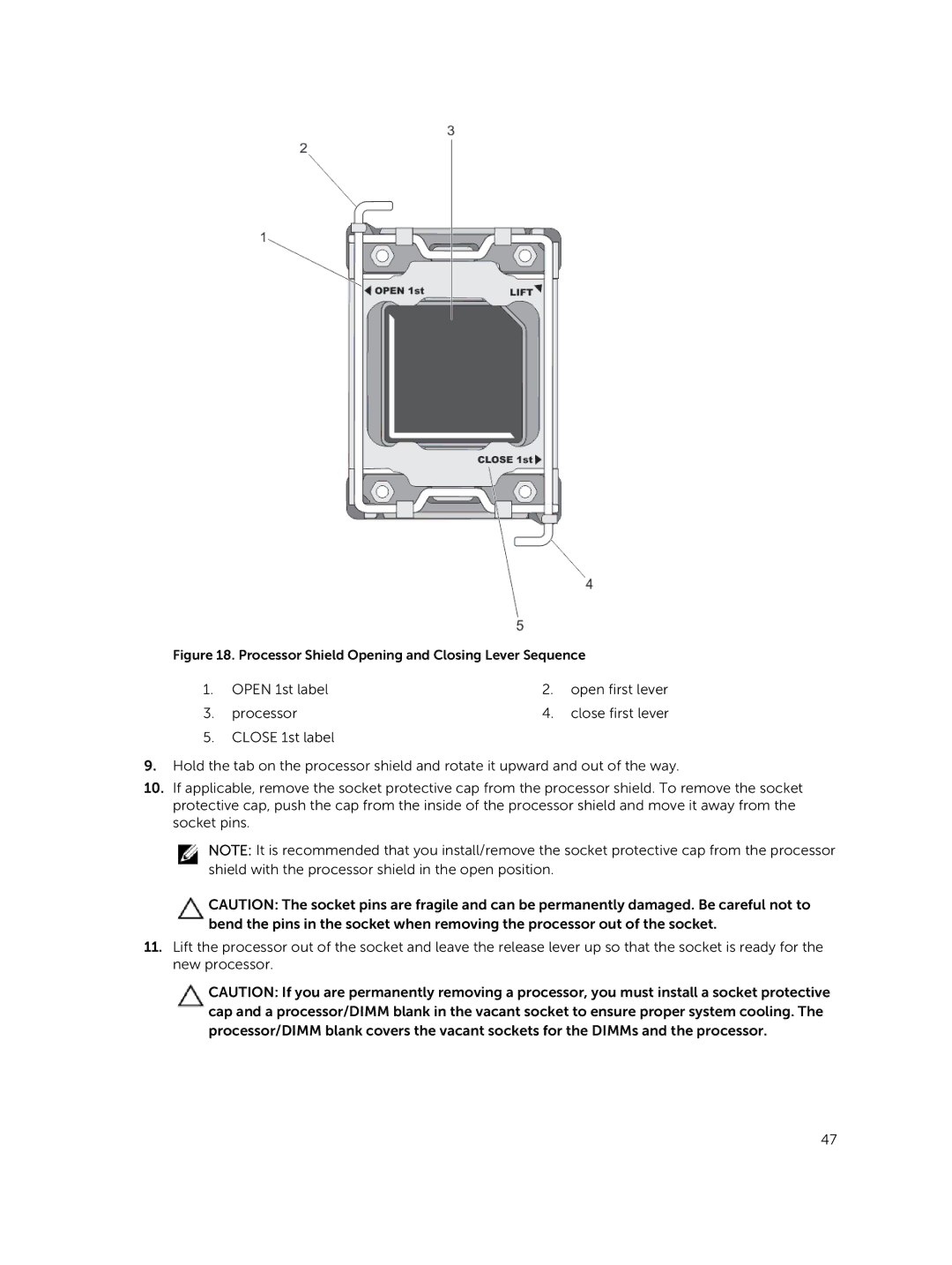 Dell M820 owner manual Processor Shield Opening and Closing Lever Sequence 