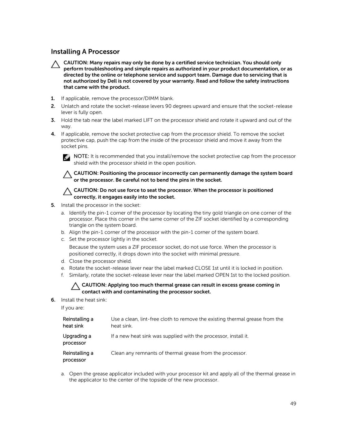 Dell M820 owner manual Installing a Processor 