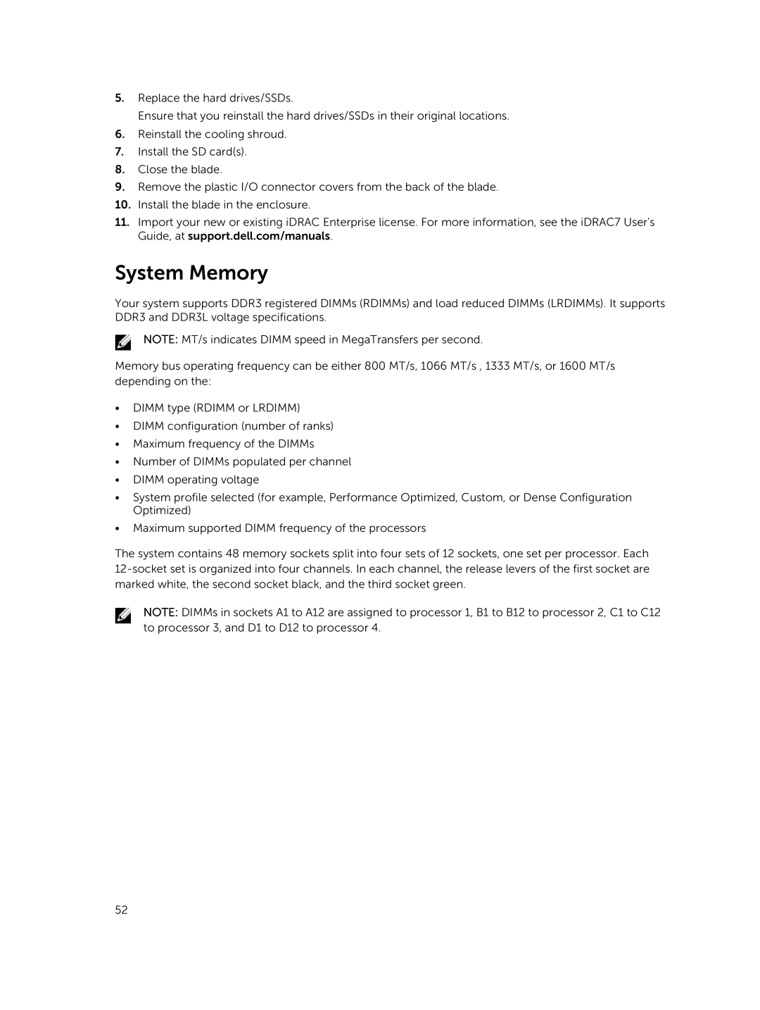 Dell M820 owner manual System Memory 