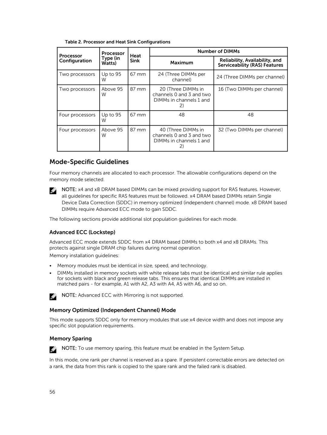 Dell M820 owner manual Mode-Specific Guidelines, Advanced ECC Lockstep 