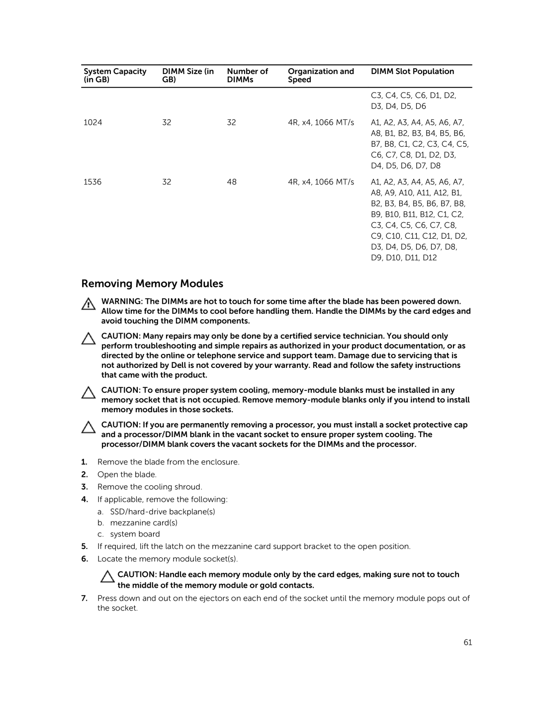 Dell M820 owner manual Removing Memory Modules 