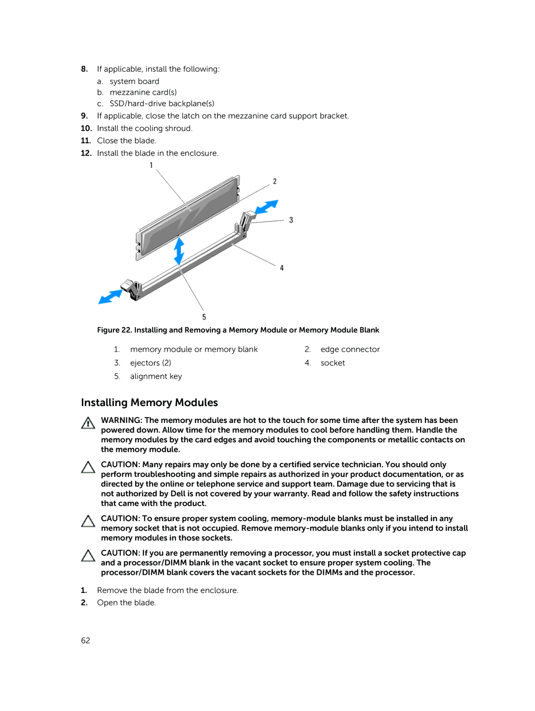 Dell M820 owner manual Installing Memory Modules 