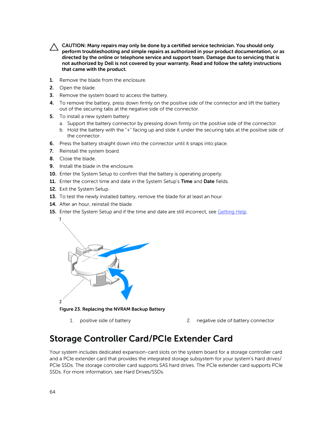 Dell M820 owner manual Storage Controller Card/PCIe Extender Card, Replacing the Nvram Backup Battery 