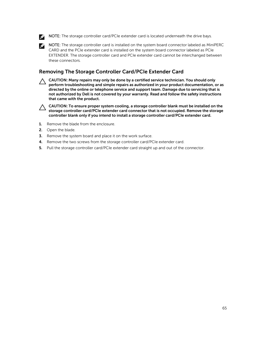 Dell M820 owner manual Removing The Storage Controller Card/PCIe Extender Card 