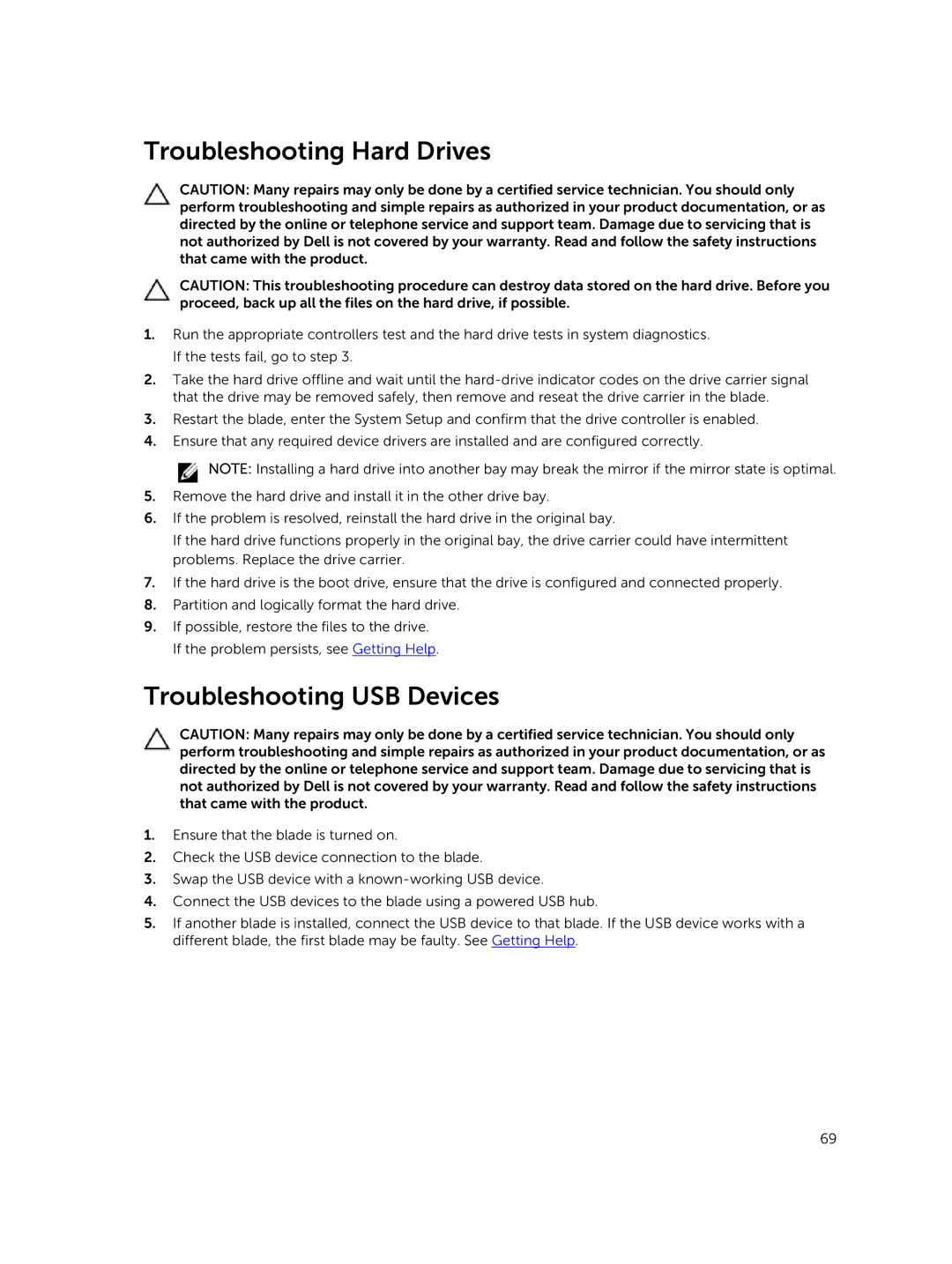 Dell M820 owner manual Troubleshooting Hard Drives, Troubleshooting USB Devices 