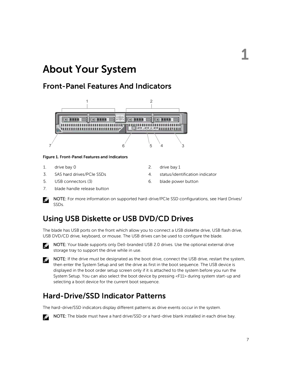 Dell M820 Front-Panel Features And Indicators, Using USB Diskette or USB DVD/CD Drives, Hard-Drive/SSD Indicator Patterns 