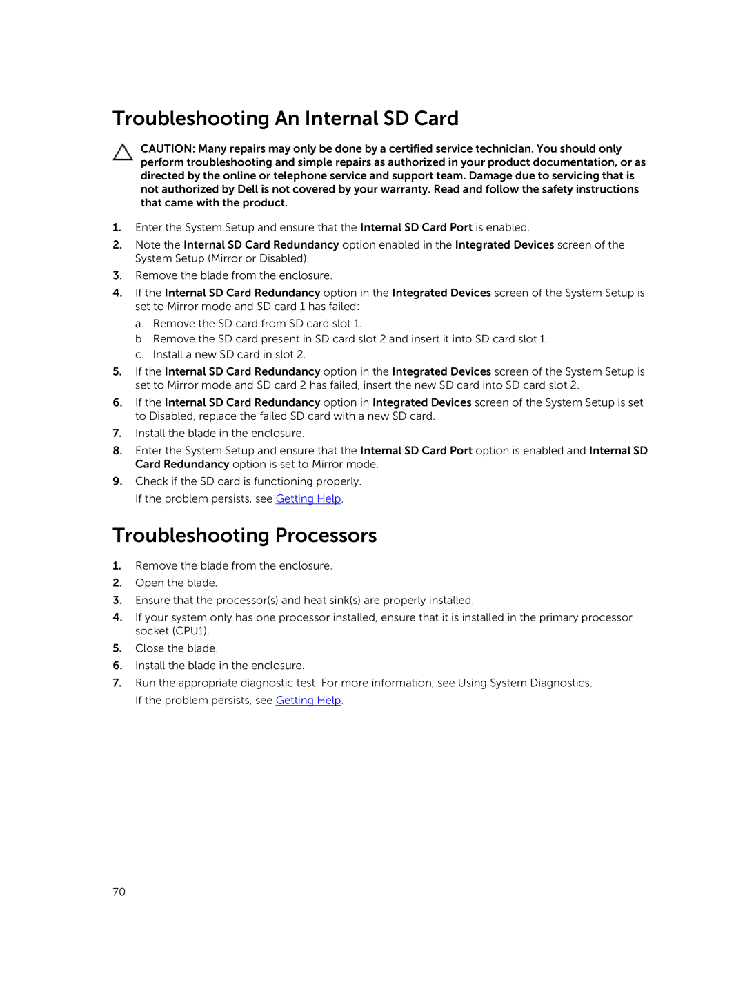 Dell M820 owner manual Troubleshooting An Internal SD Card, Troubleshooting Processors 