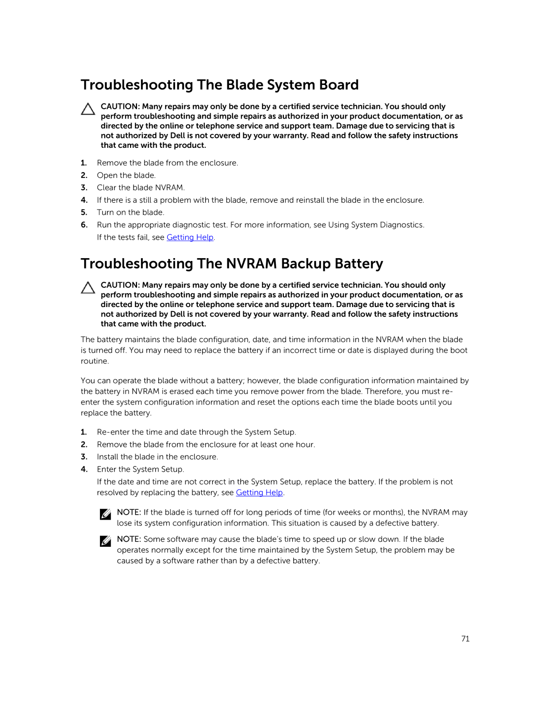 Dell M820 owner manual Troubleshooting The Blade System Board, Troubleshooting The Nvram Backup Battery 