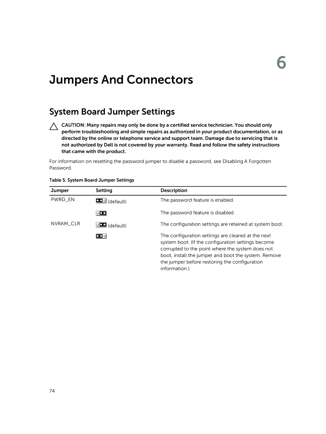 Dell M820 owner manual Jumpers And Connectors, System Board Jumper Settings 